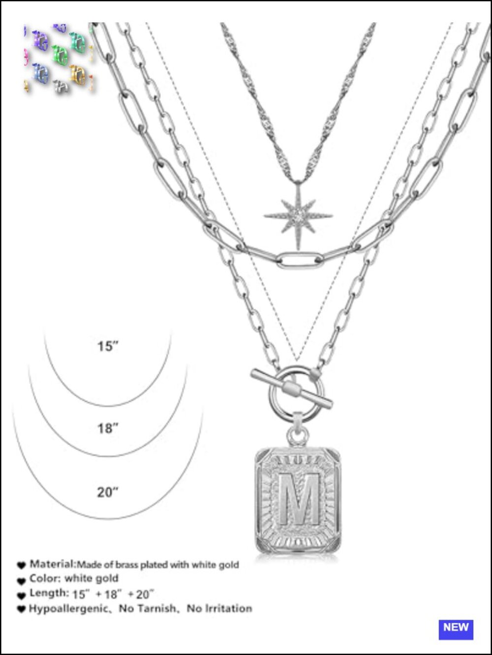 Layered Initial Necklaces 14K Gold Plated Brass Star Choker Square Letter - Picture 4 of 6